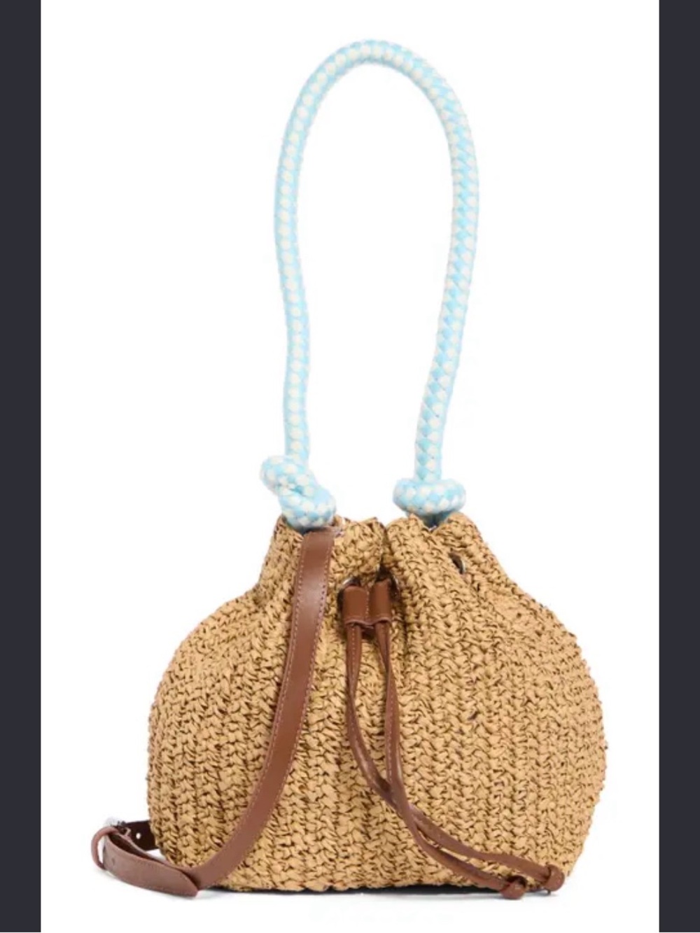 Straw Drawstring Bucket Bag with Light Blue Rope Handle